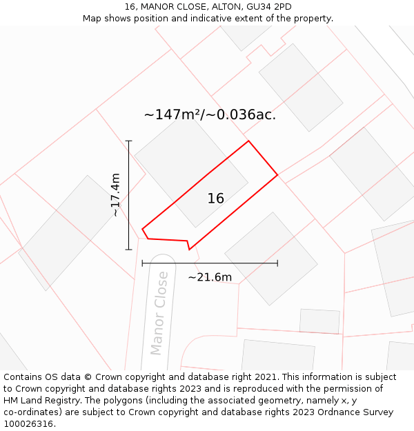 16, MANOR CLOSE, ALTON, GU34 2PD: Plot and title map