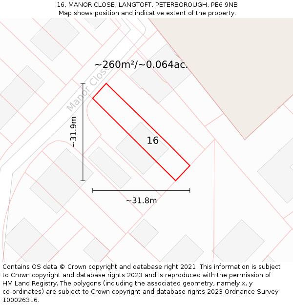 16, MANOR CLOSE, LANGTOFT, PETERBOROUGH, PE6 9NB: Plot and title map