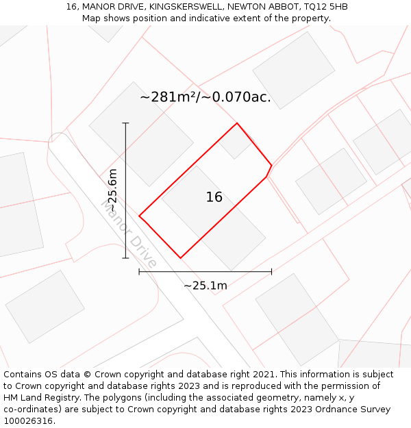 16, MANOR DRIVE, KINGSKERSWELL, NEWTON ABBOT, TQ12 5HB: Plot and title map