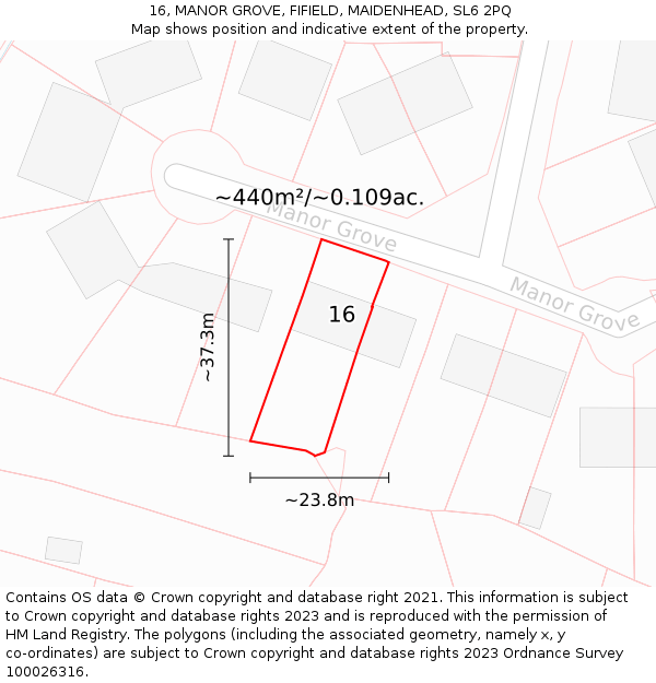 16, MANOR GROVE, FIFIELD, MAIDENHEAD, SL6 2PQ: Plot and title map