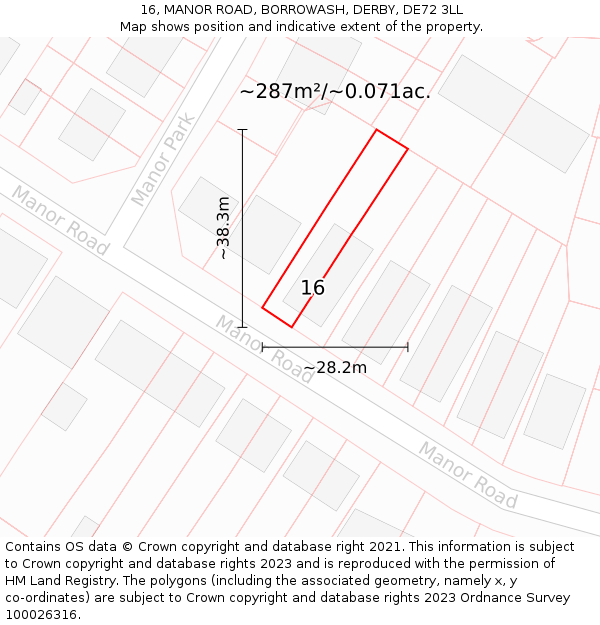 16, MANOR ROAD, BORROWASH, DERBY, DE72 3LL: Plot and title map