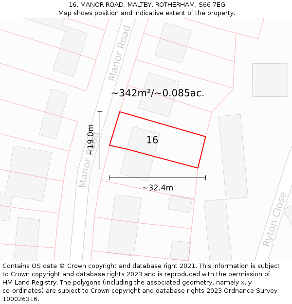 16, MANOR ROAD, MALTBY, ROTHERHAM, S66 7EG: Plot and title map