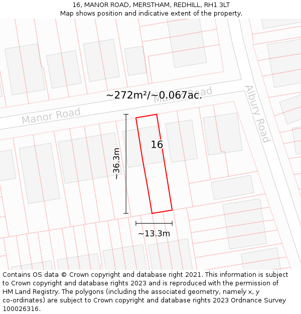 16, MANOR ROAD, MERSTHAM, REDHILL, RH1 3LT: Plot and title map