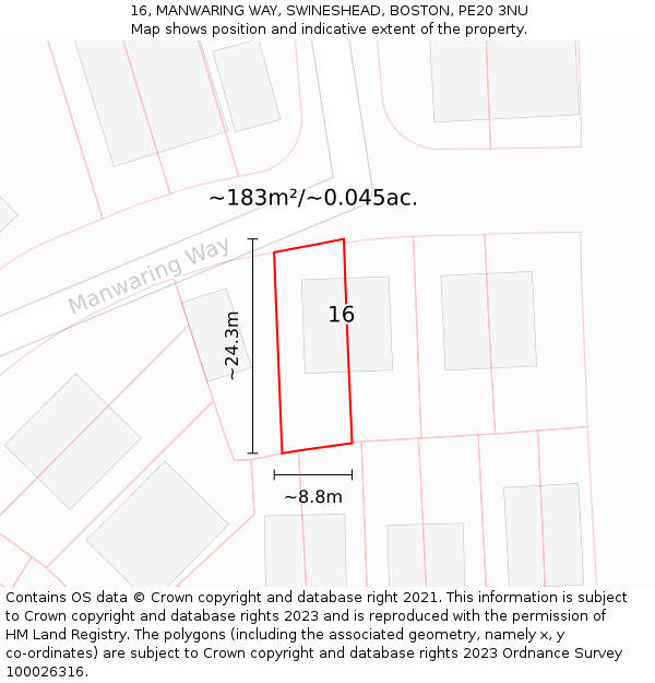 16, MANWARING WAY, SWINESHEAD, BOSTON, PE20 3NU: Plot and title map