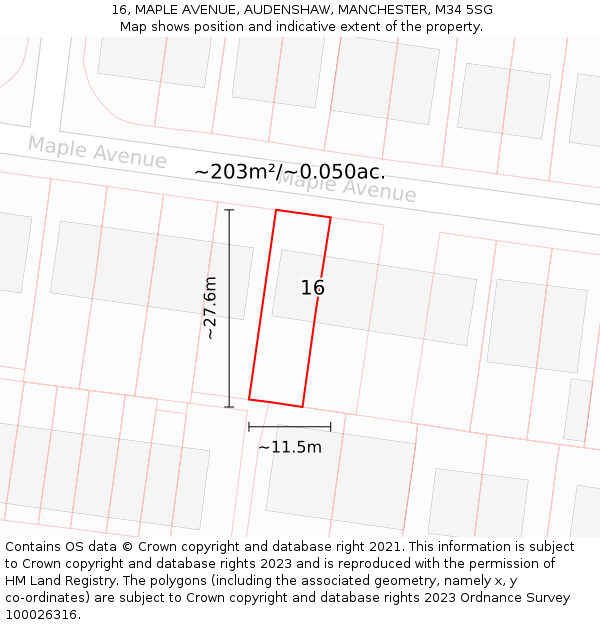 16, MAPLE AVENUE, AUDENSHAW, MANCHESTER, M34 5SG: Plot and title map