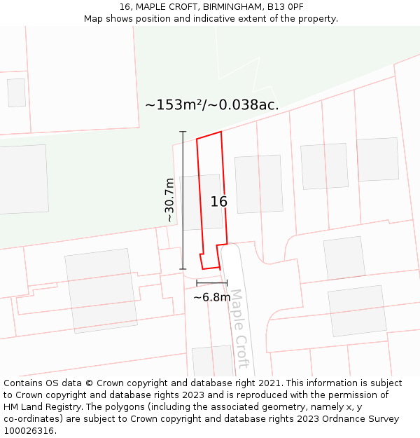 16, MAPLE CROFT, BIRMINGHAM, B13 0PF: Plot and title map