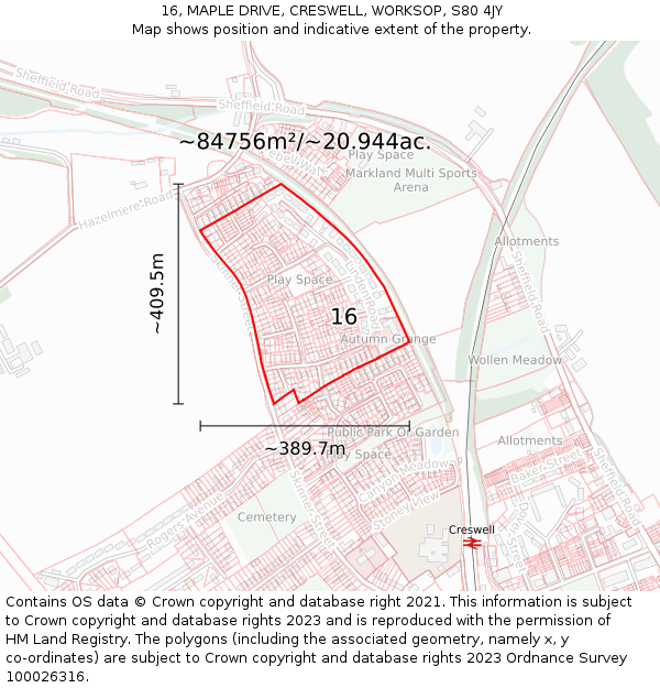 16, MAPLE DRIVE, CRESWELL, WORKSOP, S80 4JY: Plot and title map