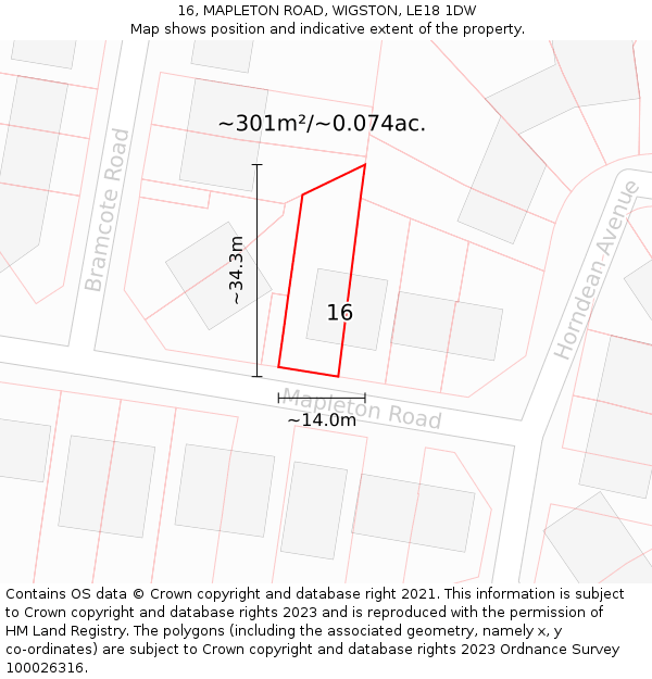 16, MAPLETON ROAD, WIGSTON, LE18 1DW: Plot and title map