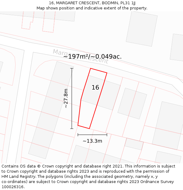 16, MARGARET CRESCENT, BODMIN, PL31 1JJ: Plot and title map