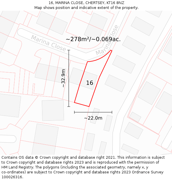 16, MARINA CLOSE, CHERTSEY, KT16 8NZ: Plot and title map