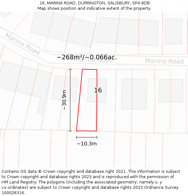 16, MARINA ROAD, DURRINGTON, SALISBURY, SP4 8DB: Plot and title map
