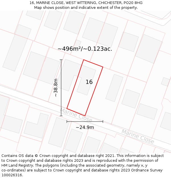 16, MARINE CLOSE, WEST WITTERING, CHICHESTER, PO20 8HG: Plot and title map