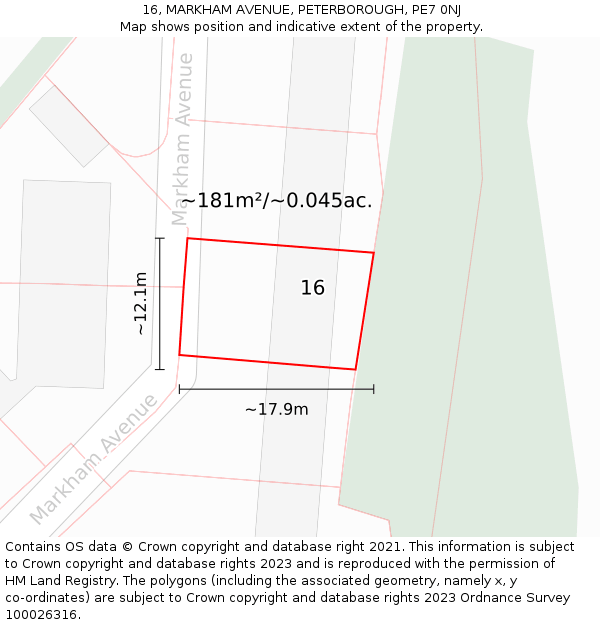 16, MARKHAM AVENUE, PETERBOROUGH, PE7 0NJ: Plot and title map