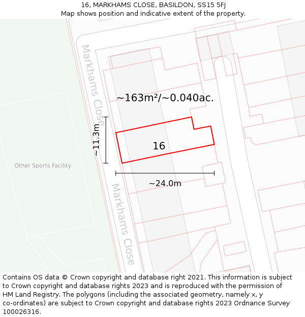 16, MARKHAMS CLOSE, BASILDON, SS15 5FJ: Plot and title map