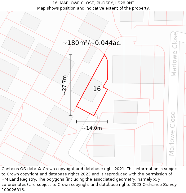16, MARLOWE CLOSE, PUDSEY, LS28 9NT: Plot and title map