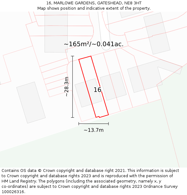 16, MARLOWE GARDENS, GATESHEAD, NE8 3HT: Plot and title map