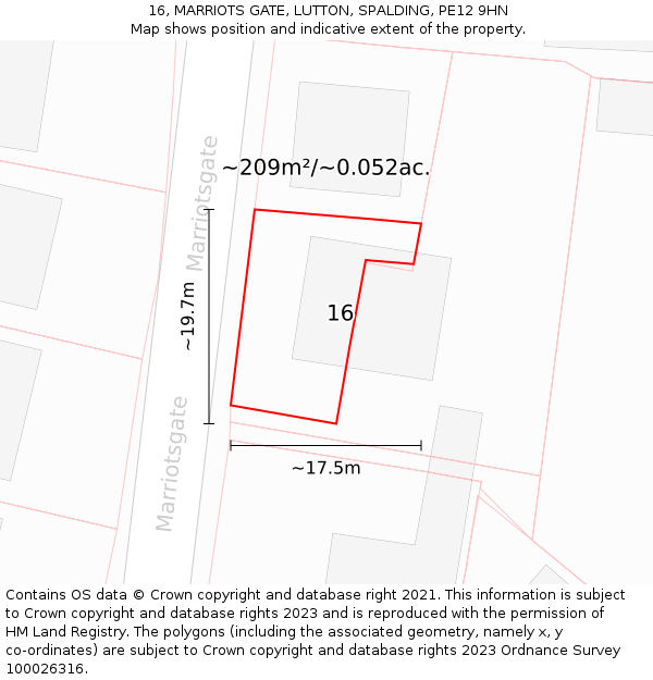 16, MARRIOTS GATE, LUTTON, SPALDING, PE12 9HN: Plot and title map
