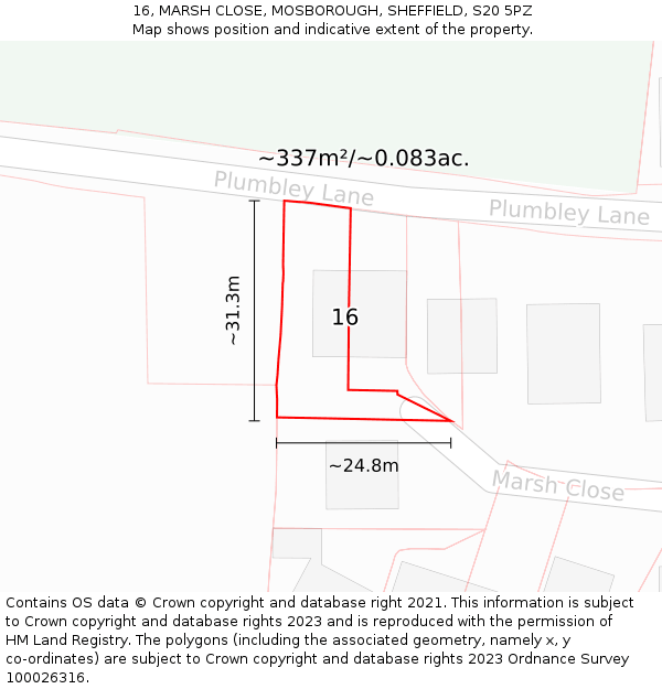 16, MARSH CLOSE, MOSBOROUGH, SHEFFIELD, S20 5PZ: Plot and title map