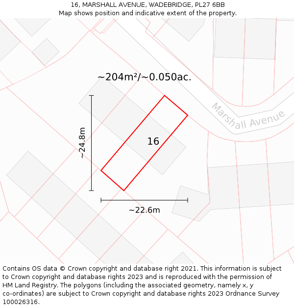 16, MARSHALL AVENUE, WADEBRIDGE, PL27 6BB: Plot and title map