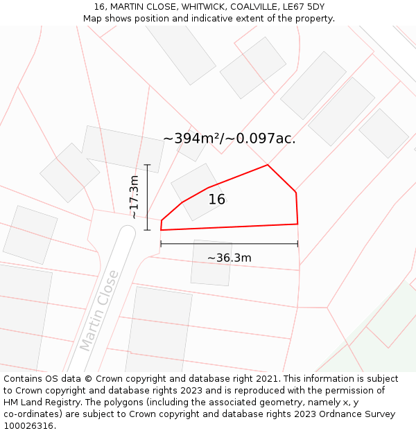 16, MARTIN CLOSE, WHITWICK, COALVILLE, LE67 5DY: Plot and title map