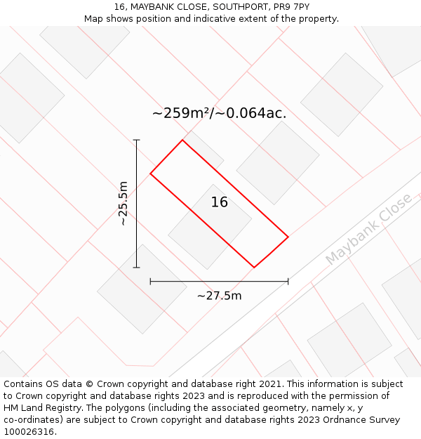 16, MAYBANK CLOSE, SOUTHPORT, PR9 7PY: Plot and title map