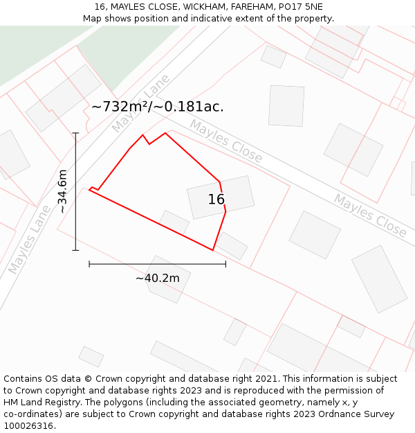 16, MAYLES CLOSE, WICKHAM, FAREHAM, PO17 5NE: Plot and title map