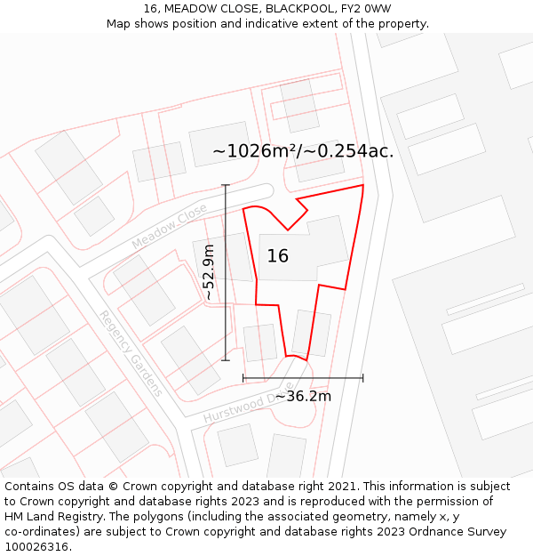 16, MEADOW CLOSE, BLACKPOOL, FY2 0WW: Plot and title map