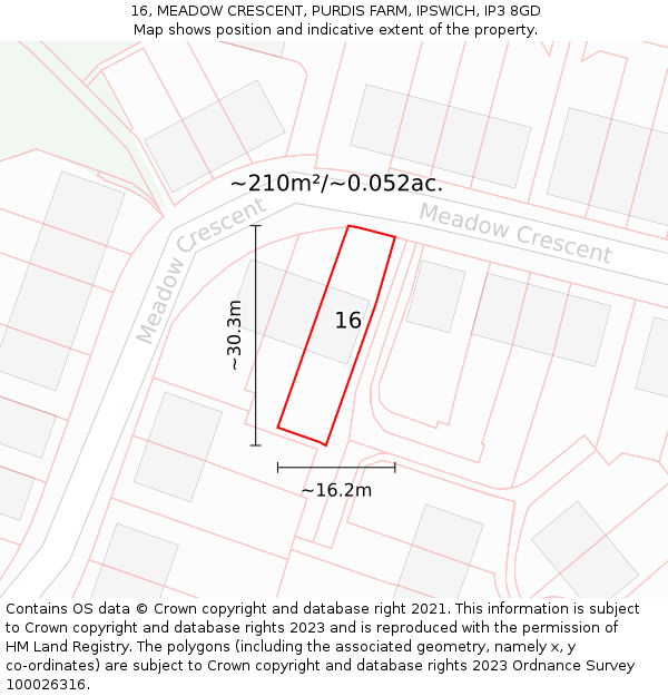 16, MEADOW CRESCENT, PURDIS FARM, IPSWICH, IP3 8GD: Plot and title map