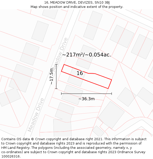 16, MEADOW DRIVE, DEVIZES, SN10 3BJ: Plot and title map