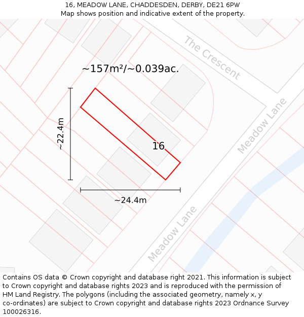 16, MEADOW LANE, CHADDESDEN, DERBY, DE21 6PW: Plot and title map