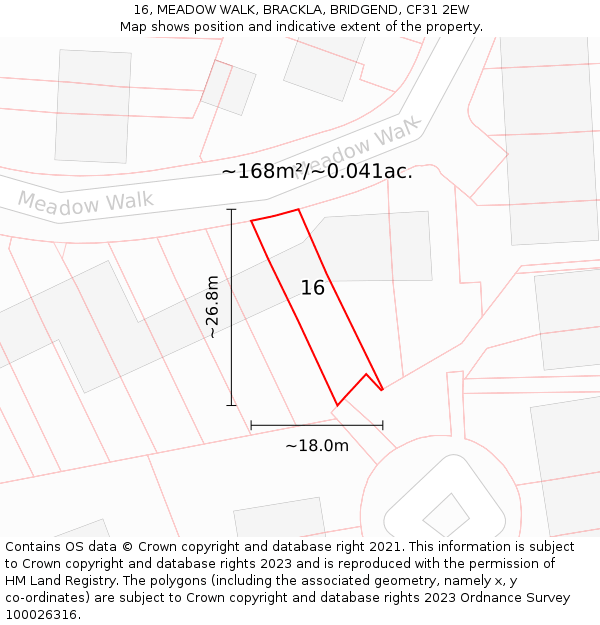 16, MEADOW WALK, BRACKLA, BRIDGEND, CF31 2EW: Plot and title map
