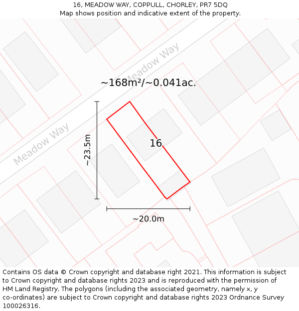 16, MEADOW WAY, COPPULL, CHORLEY, PR7 5DQ: Plot and title map