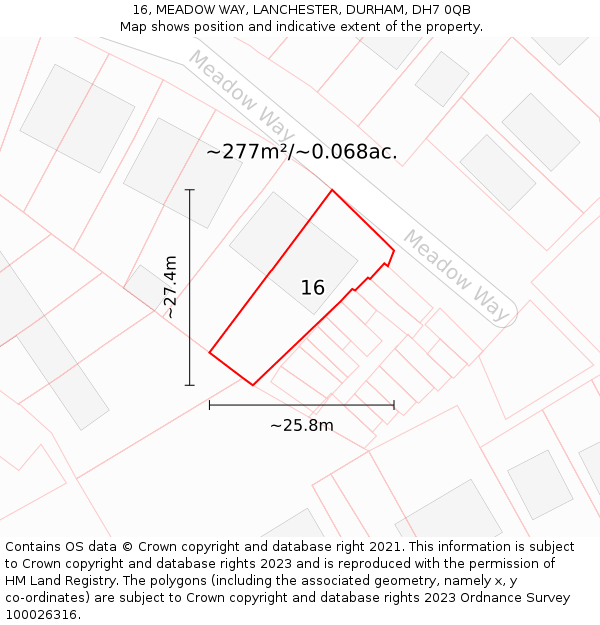 16, MEADOW WAY, LANCHESTER, DURHAM, DH7 0QB: Plot and title map