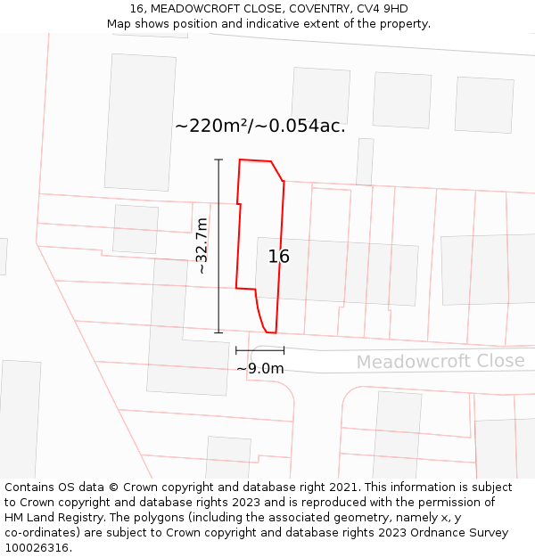16, MEADOWCROFT CLOSE, COVENTRY, CV4 9HD: Plot and title map