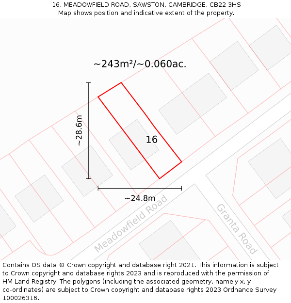16, MEADOWFIELD ROAD, SAWSTON, CAMBRIDGE, CB22 3HS: Plot and title map