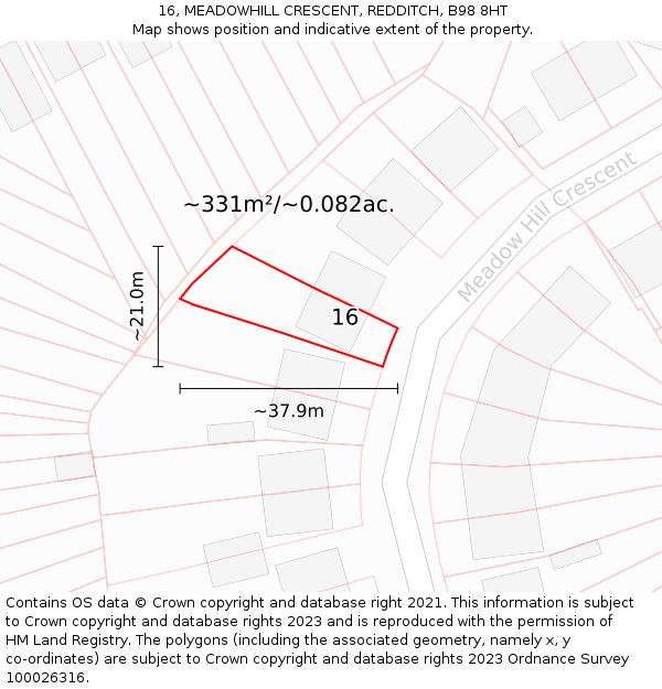 16, MEADOWHILL CRESCENT, REDDITCH, B98 8HT: Plot and title map
