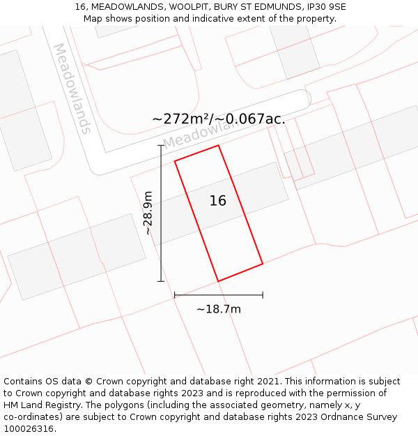 16, MEADOWLANDS, WOOLPIT, BURY ST EDMUNDS, IP30 9SE: Plot and title map