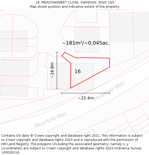 16, MEADOWSWEET CLOSE, SWINDON, SN25 1QX: Plot and title map