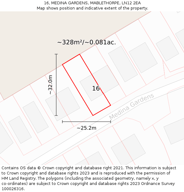 16, MEDINA GARDENS, MABLETHORPE, LN12 2EA: Plot and title map