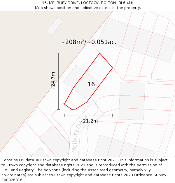 16, MELBURY DRIVE, LOSTOCK, BOLTON, BL6 4NL: Plot and title map