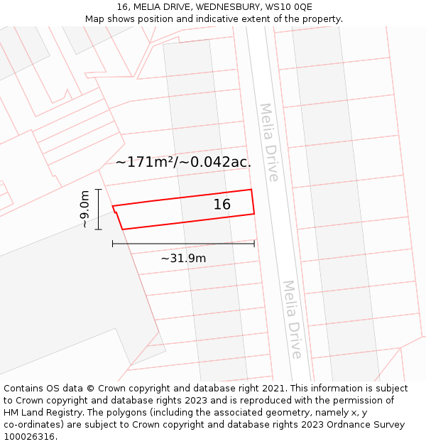 16, MELIA DRIVE, WEDNESBURY, WS10 0QE: Plot and title map