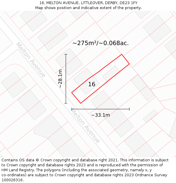 16, MELTON AVENUE, LITTLEOVER, DERBY, DE23 1FY: Plot and title map