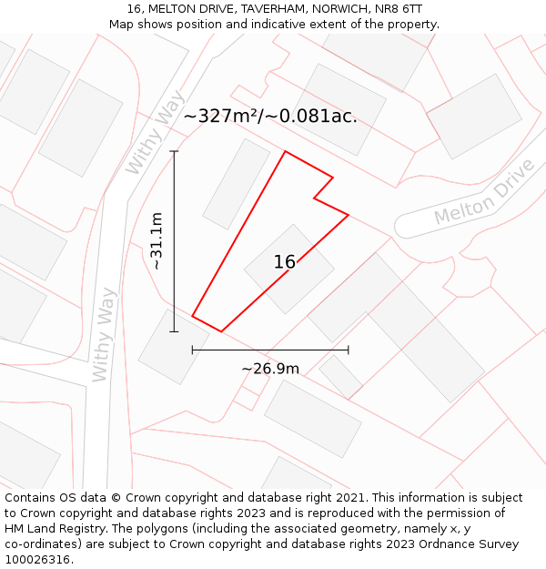 16, MELTON DRIVE, TAVERHAM, NORWICH, NR8 6TT: Plot and title map