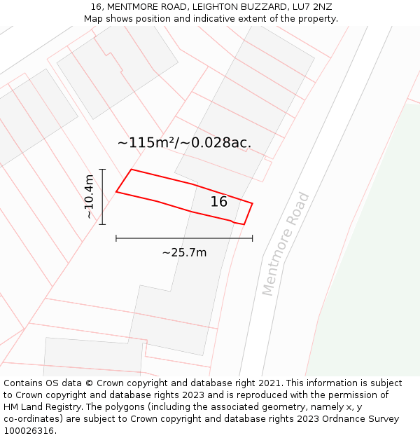 16, MENTMORE ROAD, LEIGHTON BUZZARD, LU7 2NZ: Plot and title map
