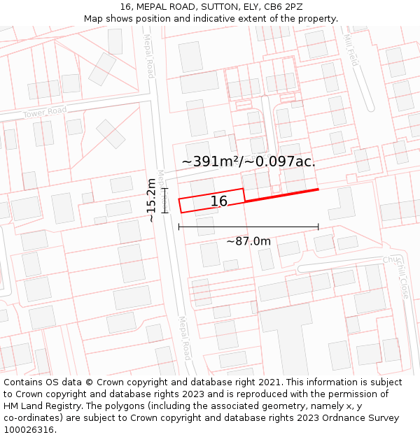 16, MEPAL ROAD, SUTTON, ELY, CB6 2PZ: Plot and title map