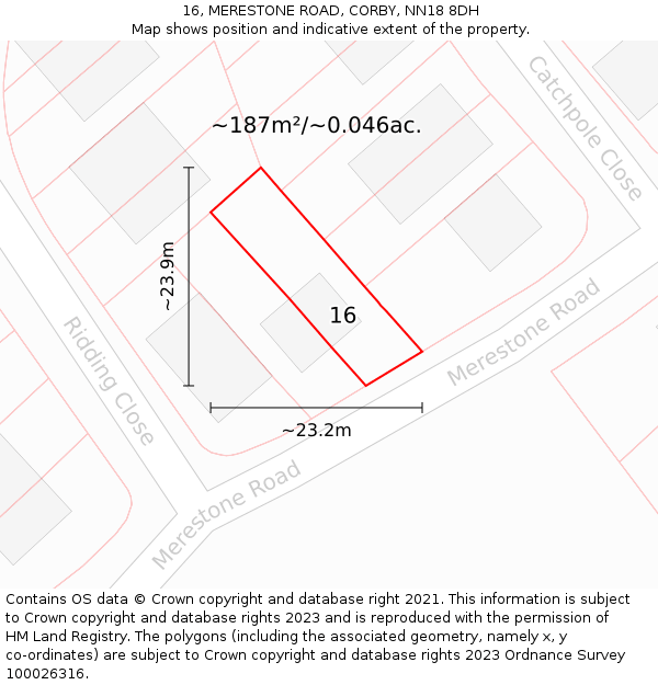 16, MERESTONE ROAD, CORBY, NN18 8DH: Plot and title map