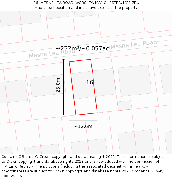 16, MESNE LEA ROAD, WORSLEY, MANCHESTER, M28 7EU: Plot and title map