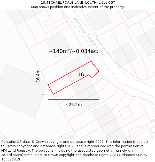 16, MICHAEL FOALE LANE, LOUTH, LN11 0GT: Plot and title map