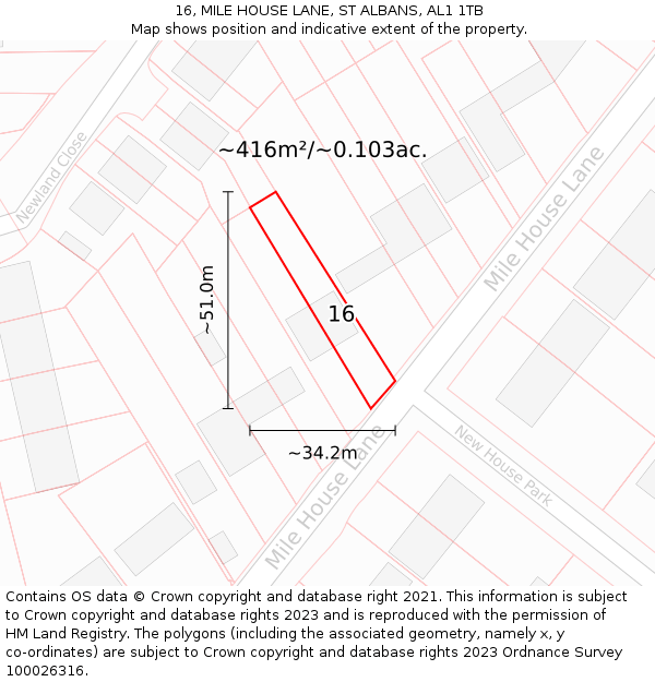 16, MILE HOUSE LANE, ST ALBANS, AL1 1TB: Plot and title map