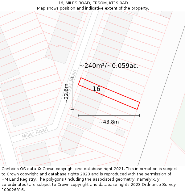 16, MILES ROAD, EPSOM, KT19 9AD: Plot and title map